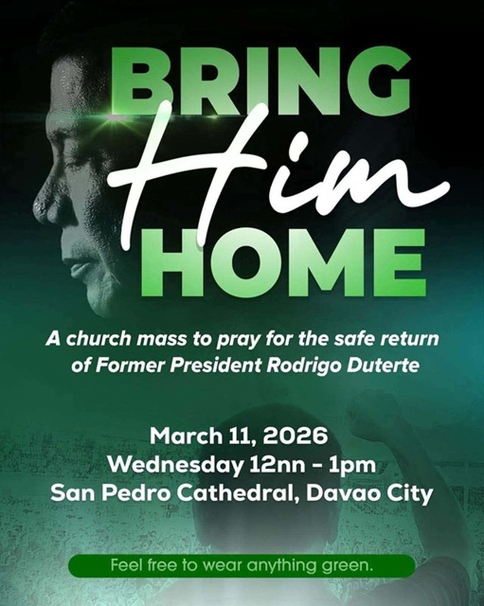 Cartel publicitario de la misa abogando la liberación de Rodrigo Duterte en la Catedral de Davao