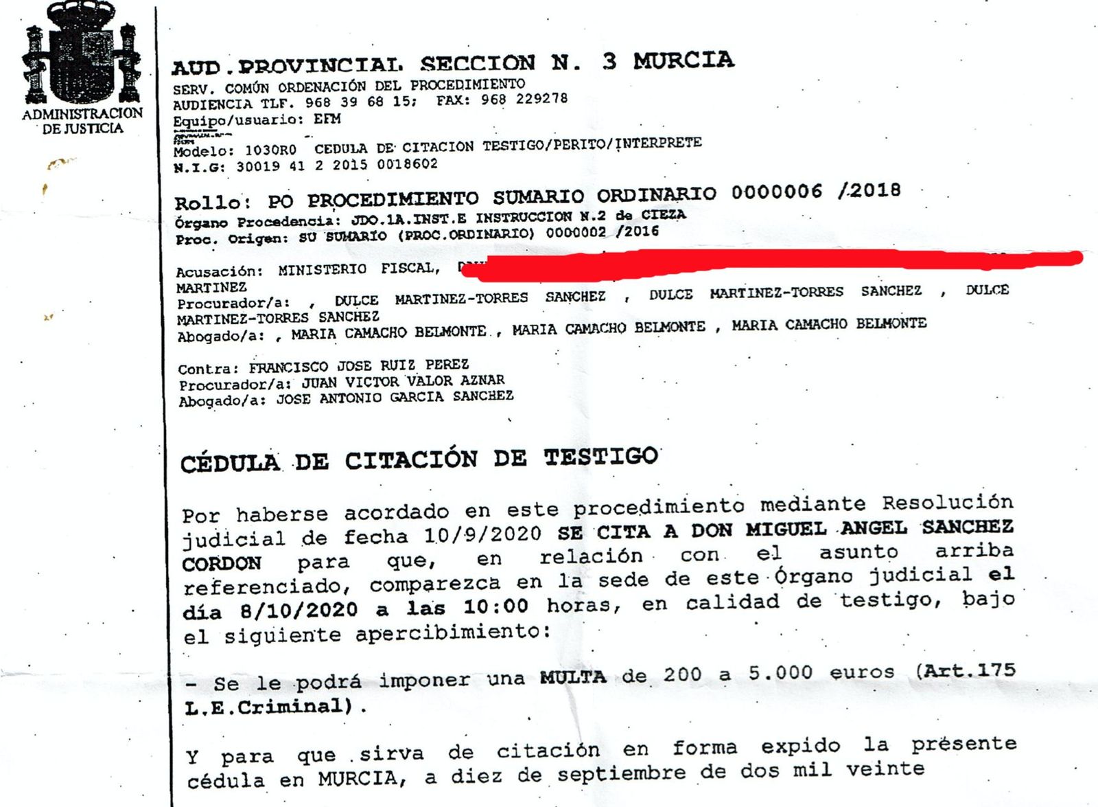 Citación juicio del sacristán de Cieza