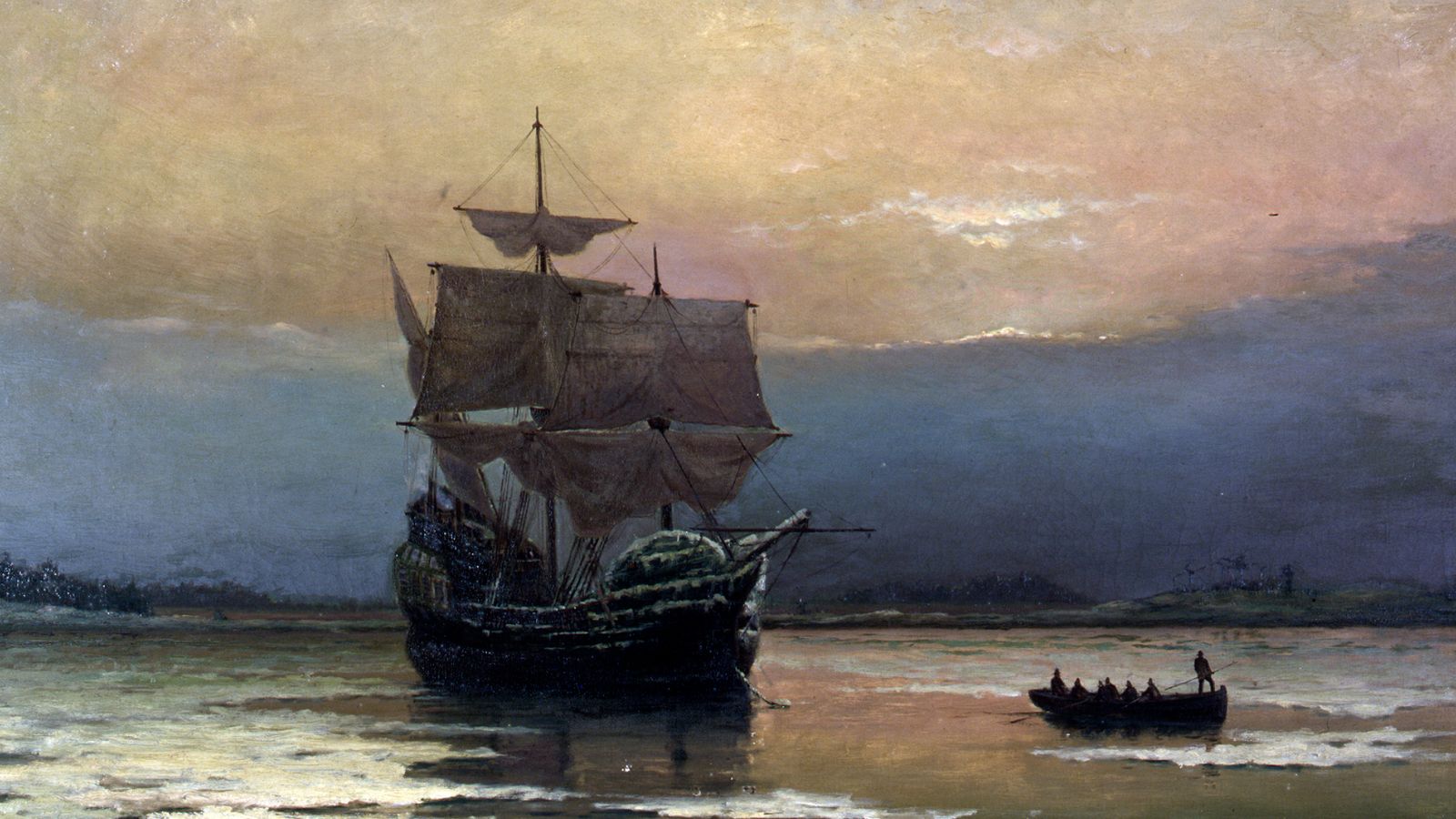 "Mayflower en el Puerto de Plymouth", cuadro de William Halsall, 1882