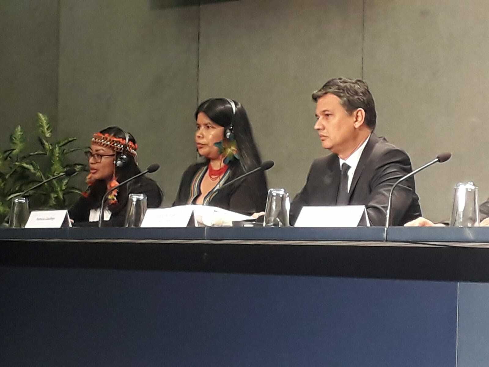 Patricia Gualinga, en el aula del Sínodo