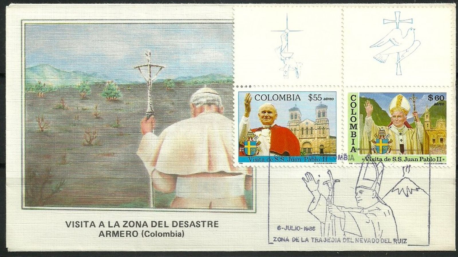 estampillas conmemorativas del papa en Armero