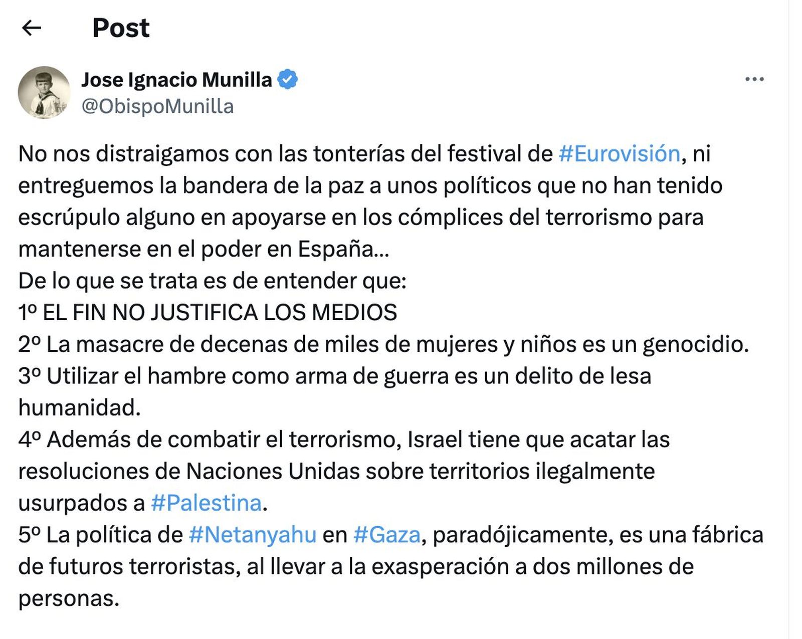 Munilla, contra la invasión de Gaza