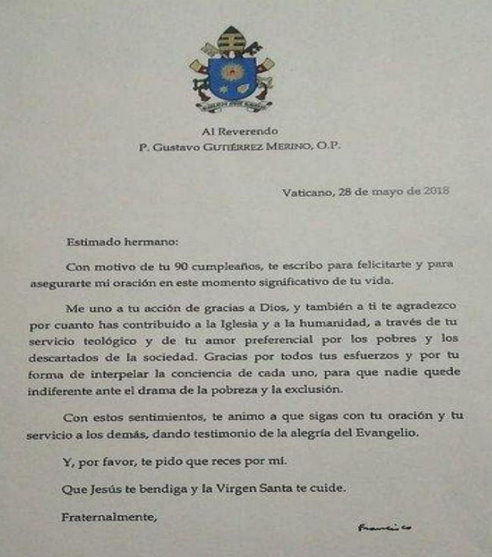 Carta del Papa a Gutiérrez