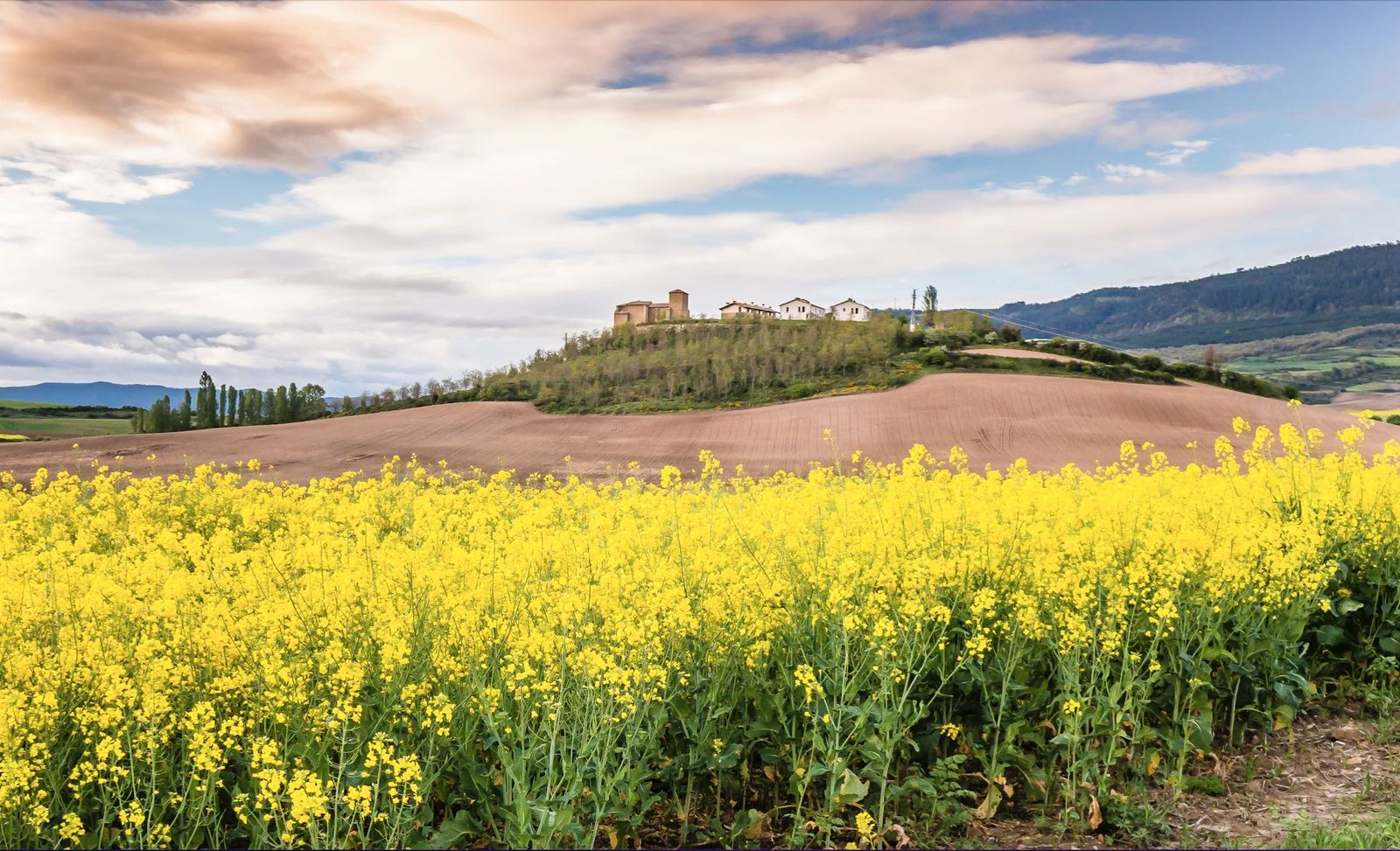 Vista de Uterga, en Navarra, con su iglesia en lo alto