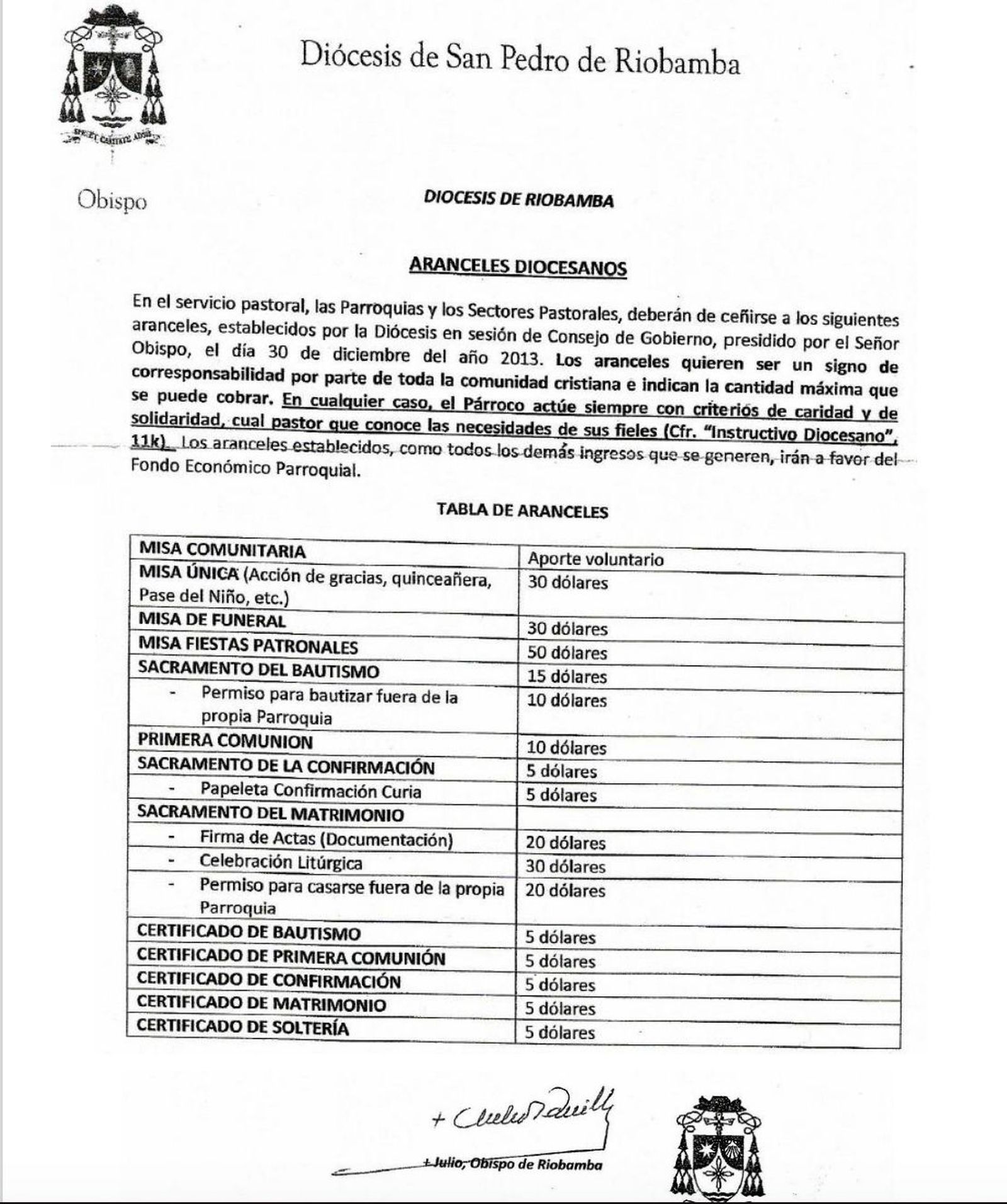 Aranceles en Riobamba