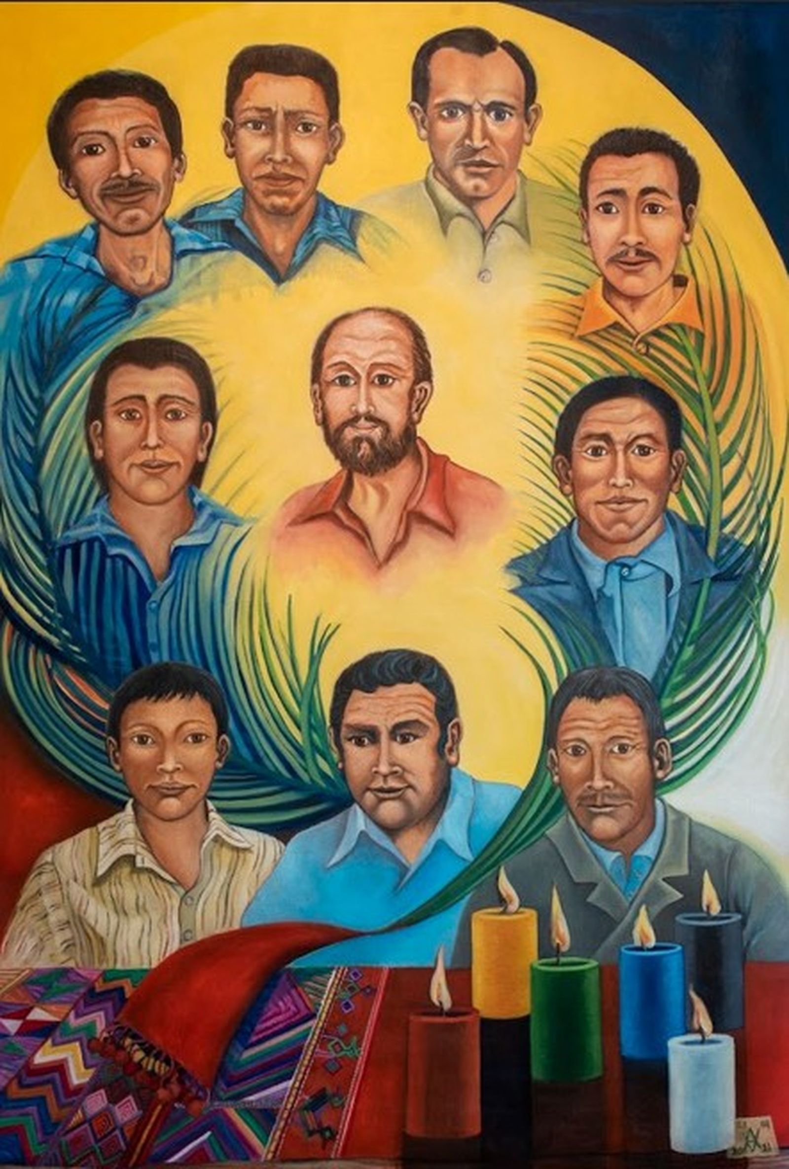 Beatos mártires de Quiché. Pintura oficial para la beatificación realizada por Alessandra Vecchi. Se encuentra en la catedral de Santa Cruz, El Quiché, Guatemala. Foto del Hno. Santiago Otero Diez, Marista.