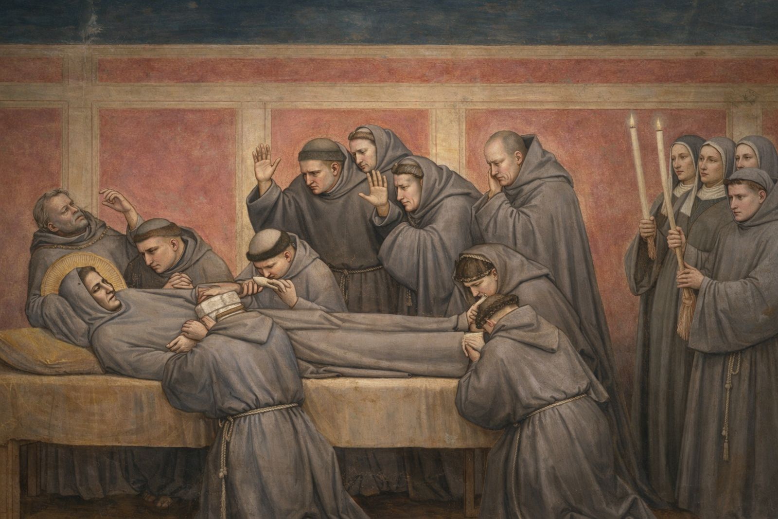 Muerte de san Francisco de Asís. fresco en la Iglesia Franciscana de la Anunciación en Ljubljana, Eslovenia