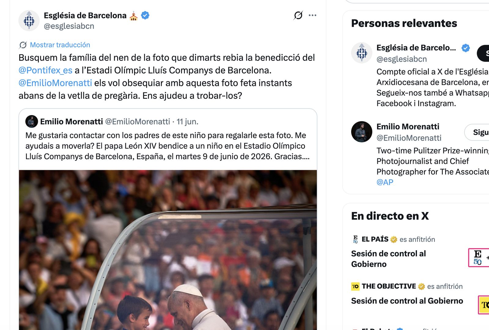 La archidiócesis de Barcelona difundió la petición de Morenati