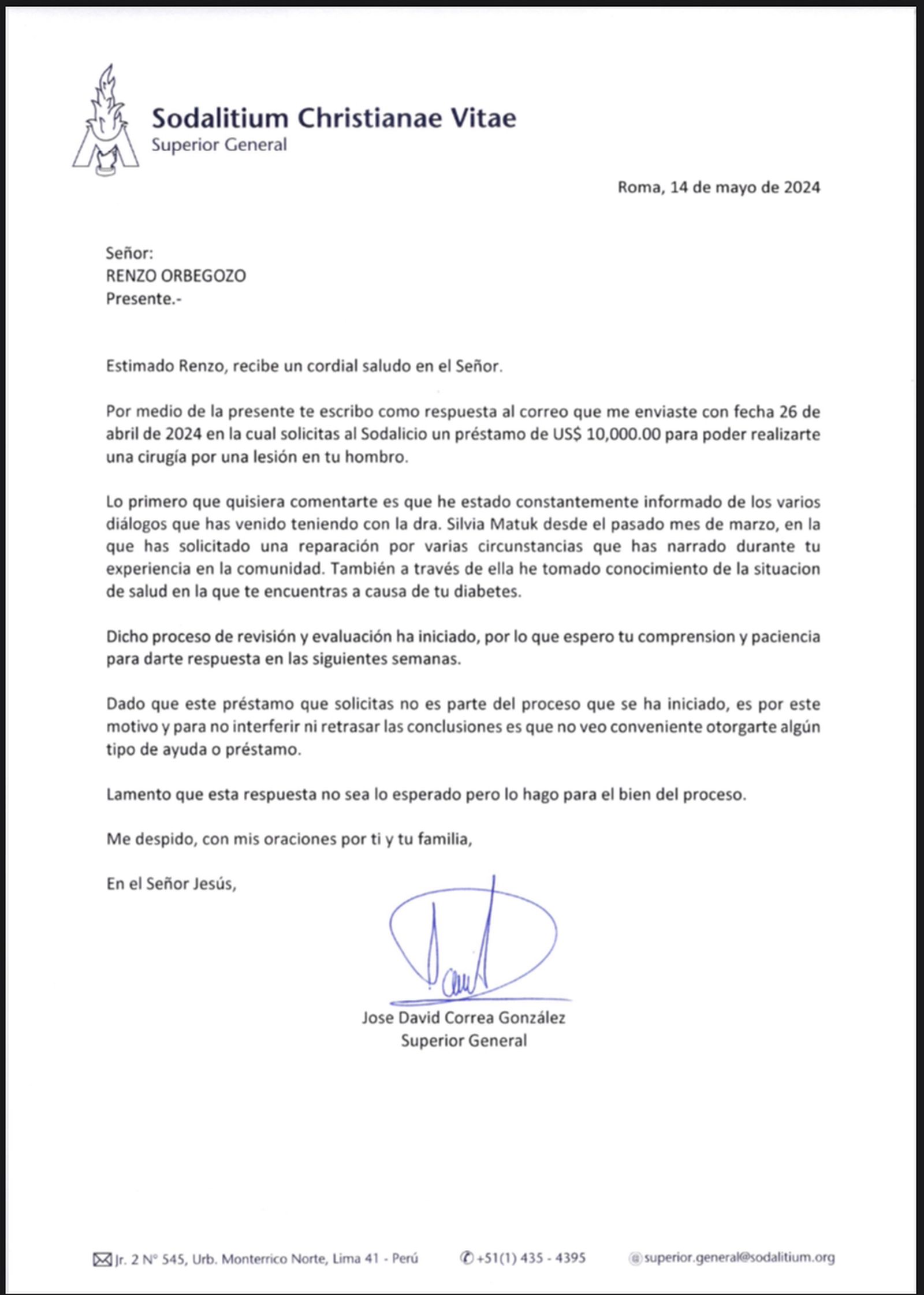 Carta del Sodalicio a Orbegozo