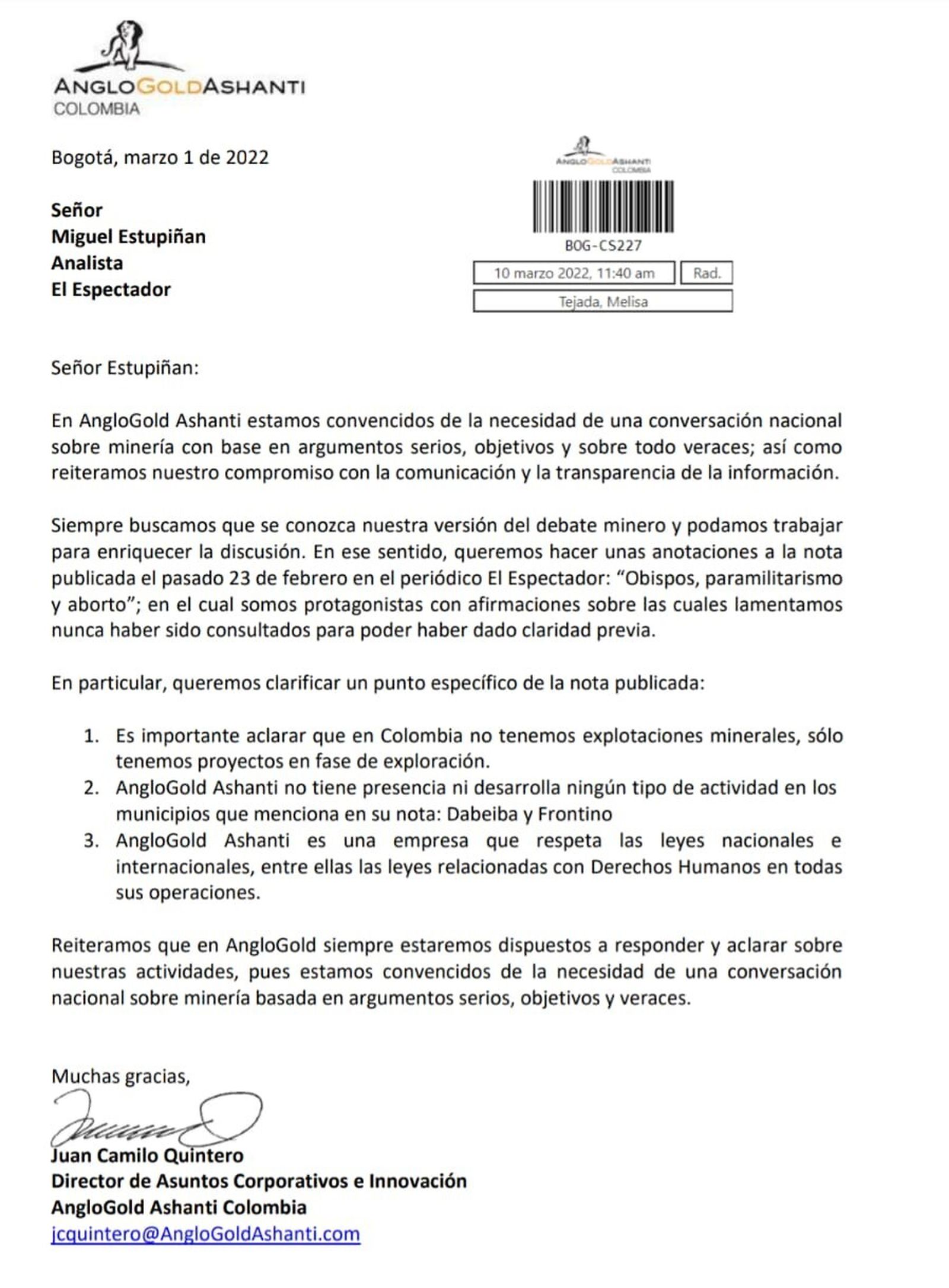 Carta de la minera al corresponsal de Religión Digital en Colombia