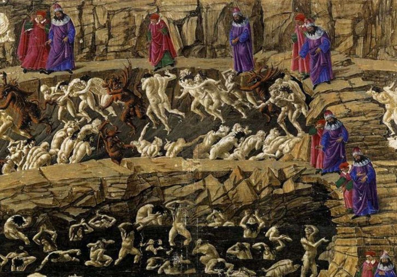 Dante y Virgilio avanzan, como en un cómic, por los círculos del Infierno según S. Botticelli