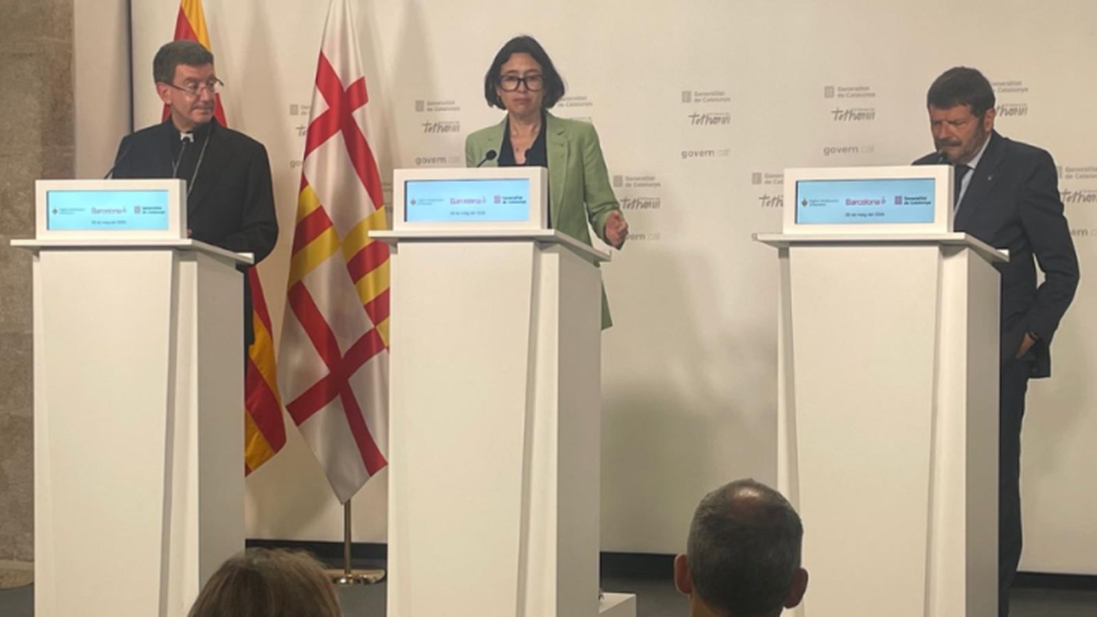 La consejera de Interior y Seguridad Pública, Núria Parlon, durante la atención a los medios en el Palau de la Generalitat sobre el operativo especial preparado para la visita del papa León XIV.