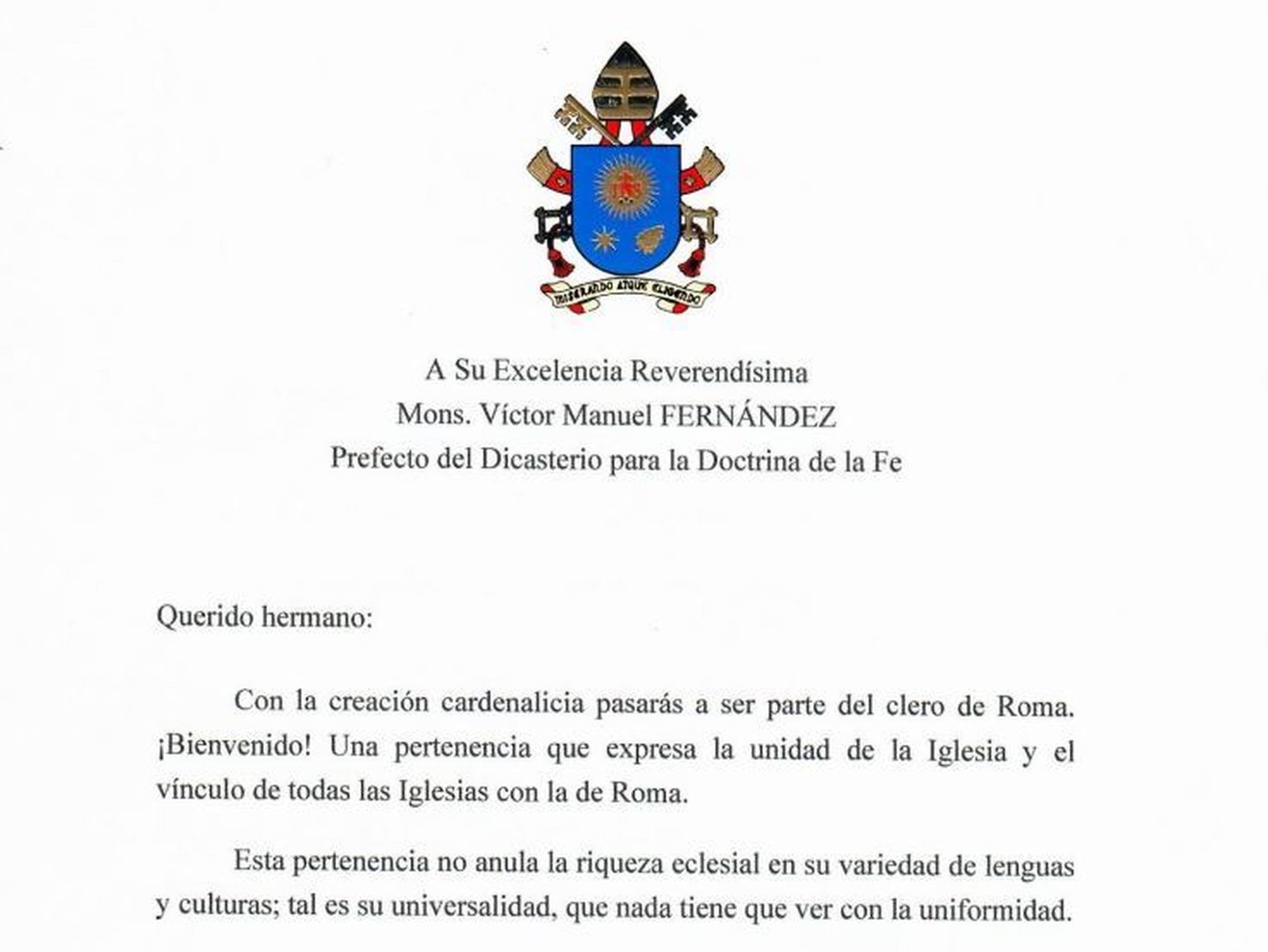 Carta del Papa a 'Tucho' Fernández